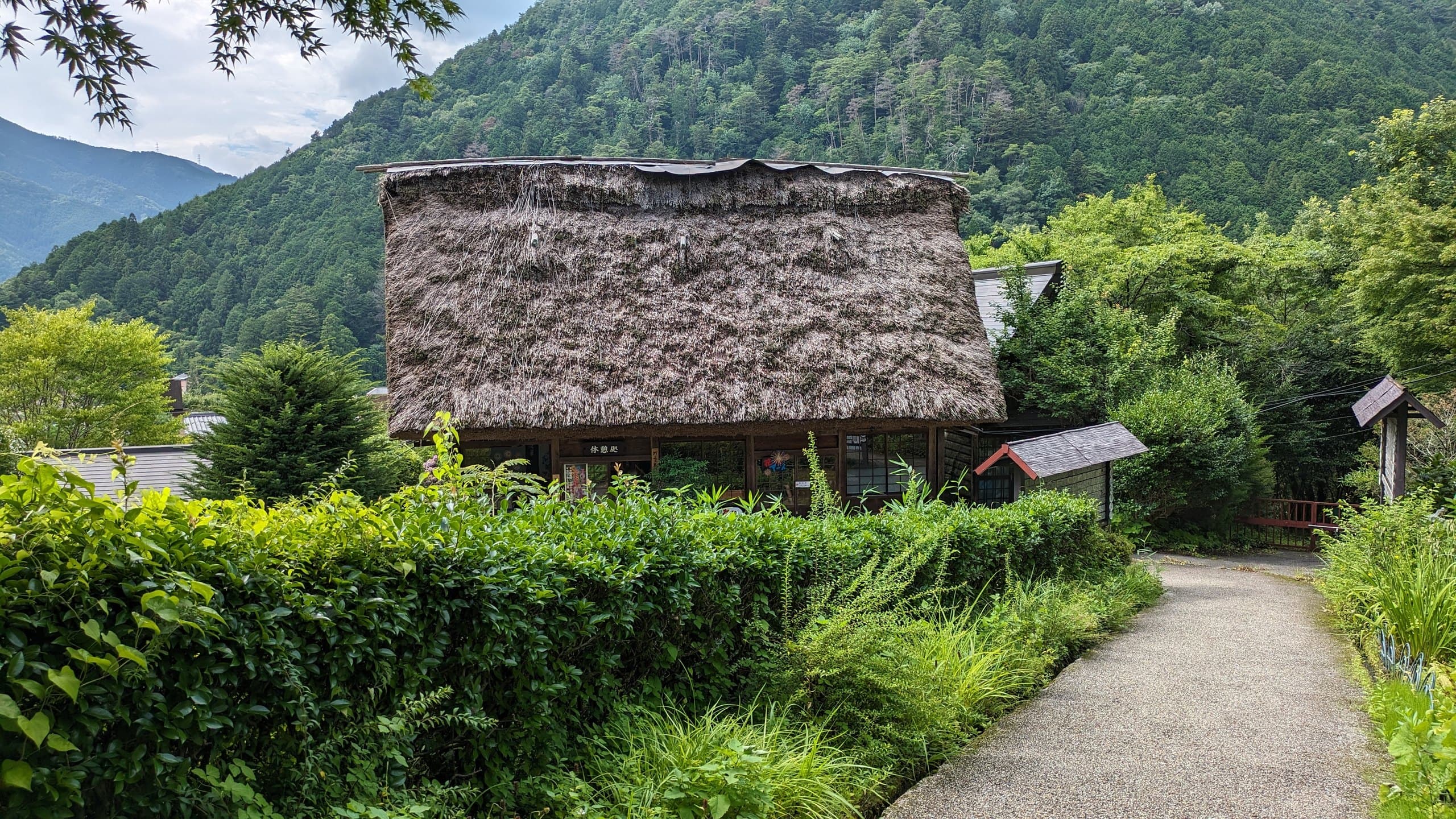 A thatched farmhouse with a green mountainside behind it, along a path at Gassho-mura in Gero