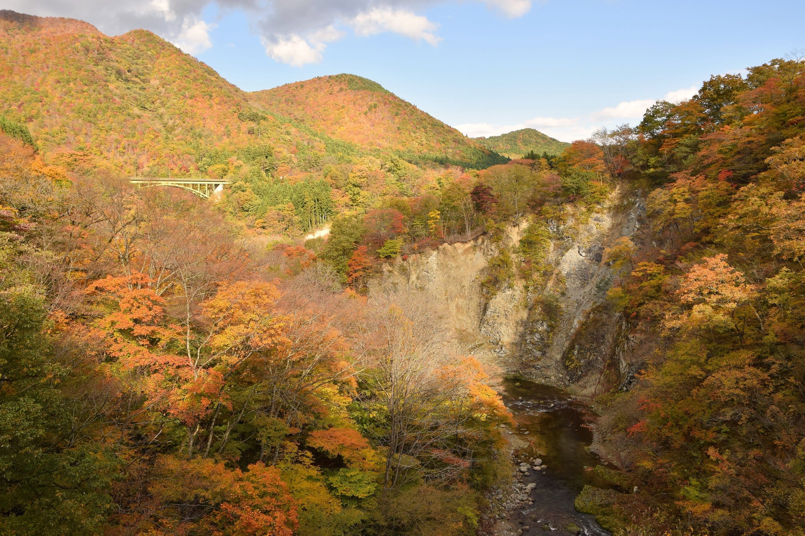 Steep gorge walls covered in red and orange autumn foliage under a blue sky
