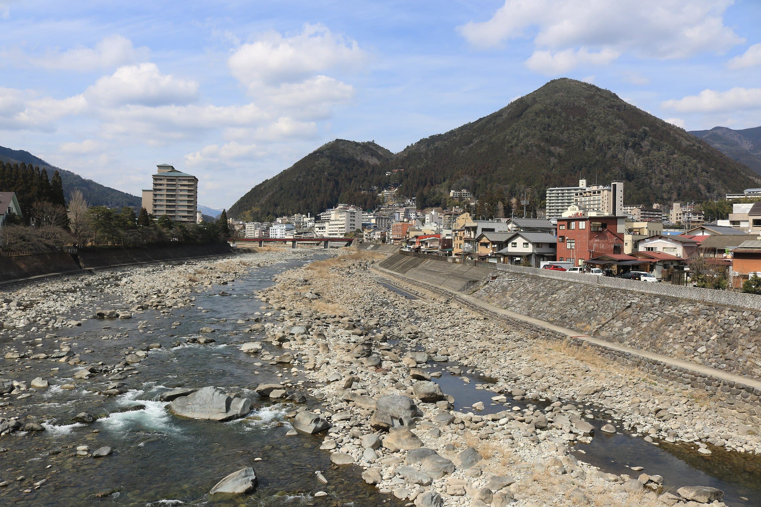 Rocky Hida River with the low-rise Gero onsen town and Mount Gero-Fuji behind