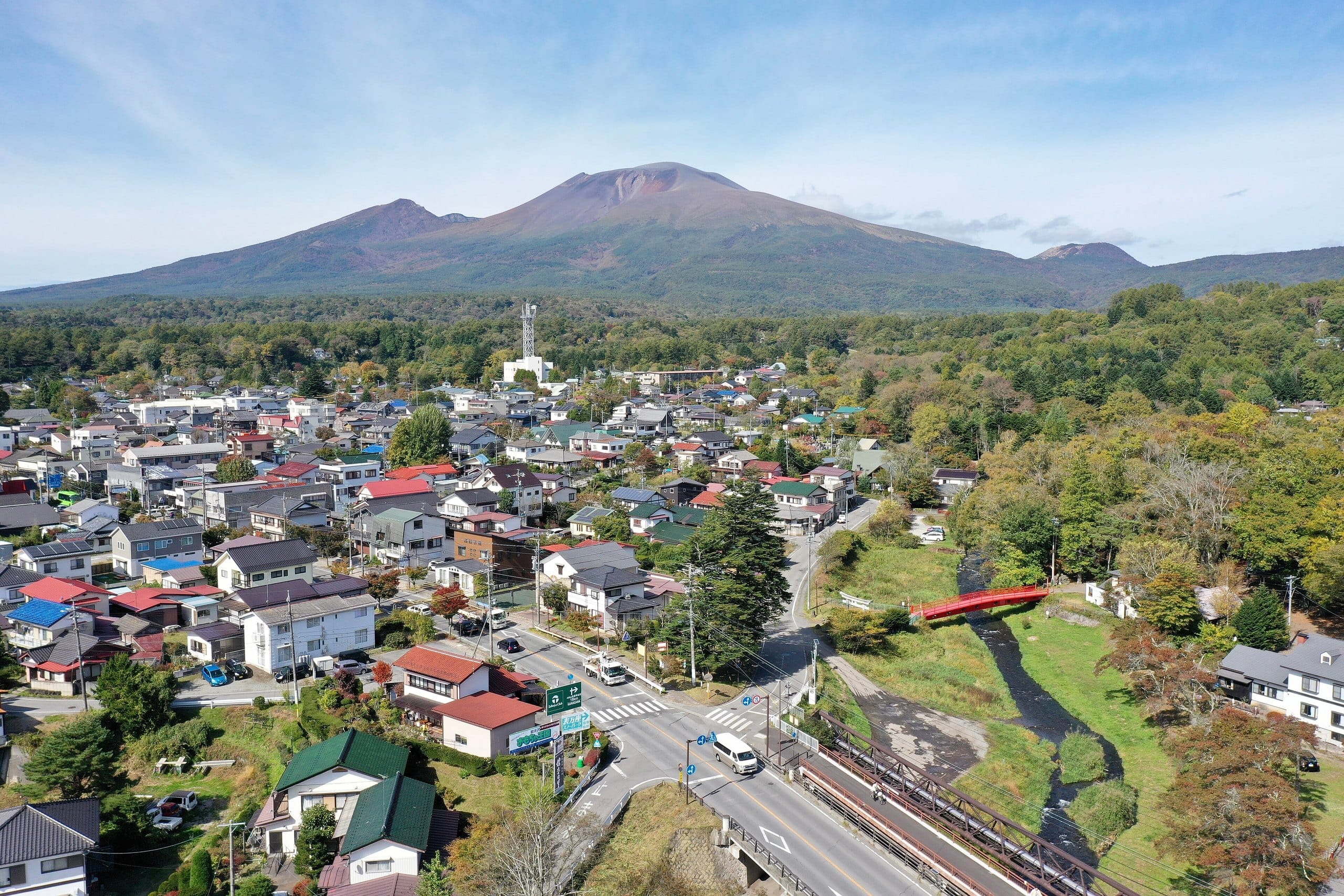 Naka-Karuizawa town and forest with Mount Asama behind