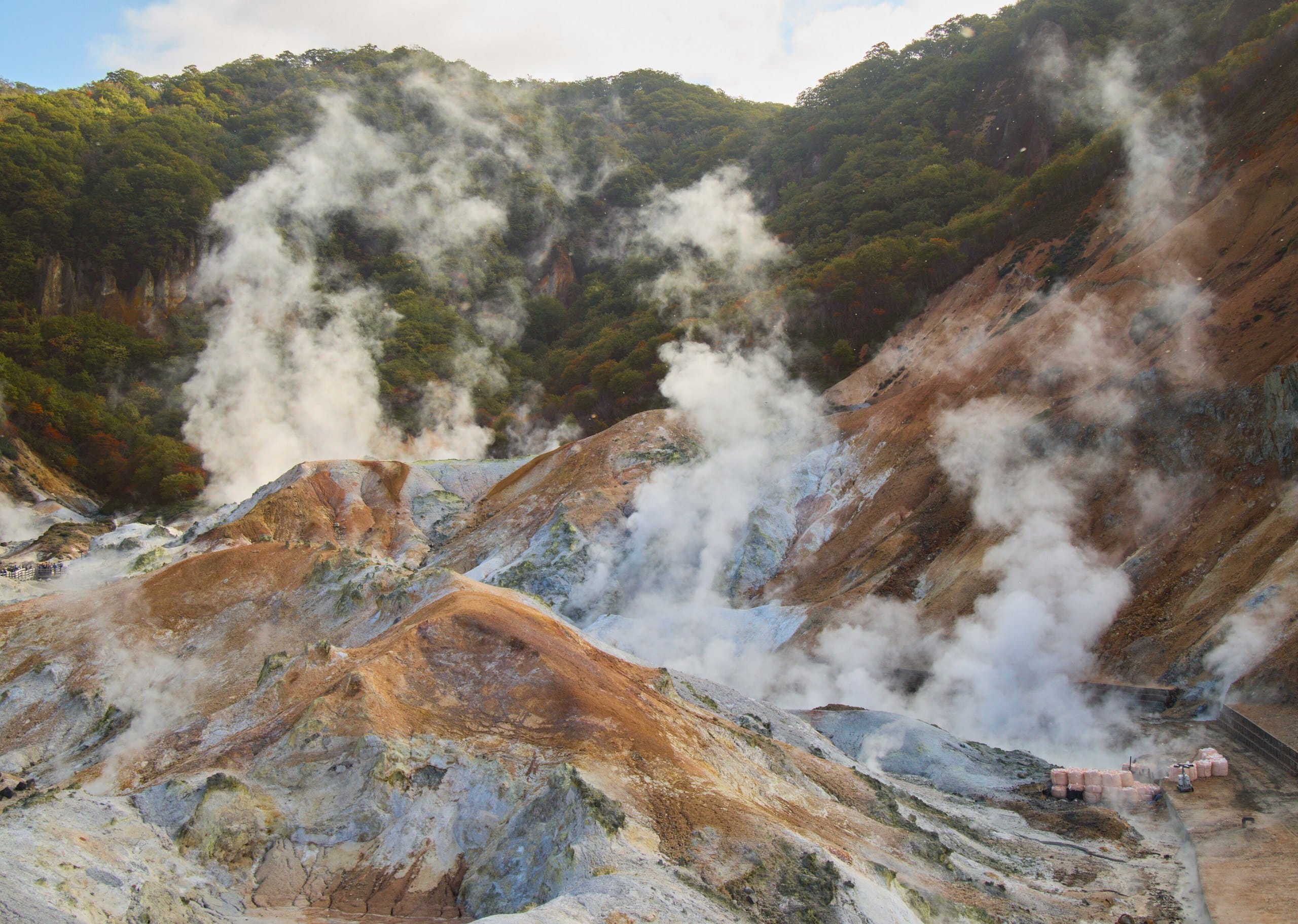 Columns of steam rising from fumaroles across sulphur-coloured ground