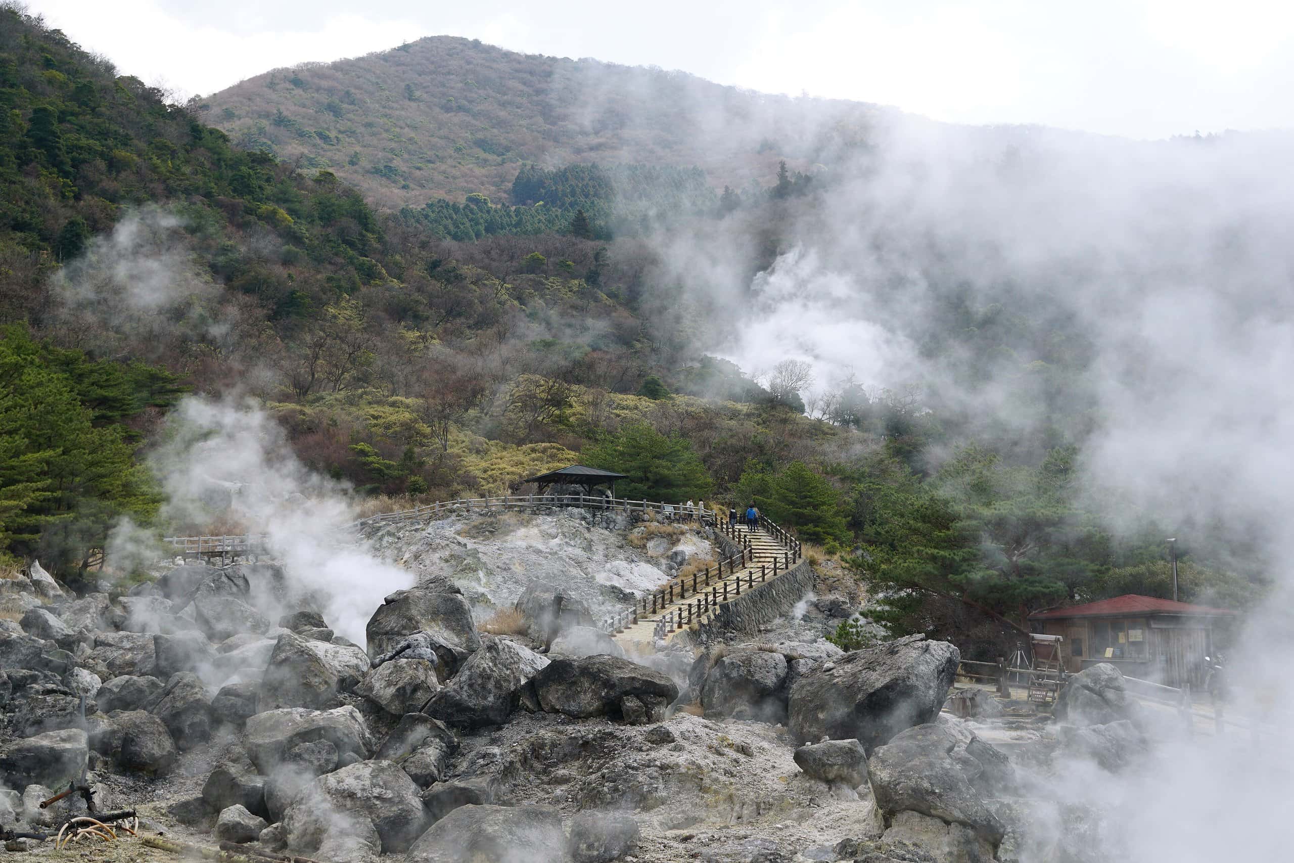 Steam drifting across the volcanic hot-spring field of Unzen Jigoku