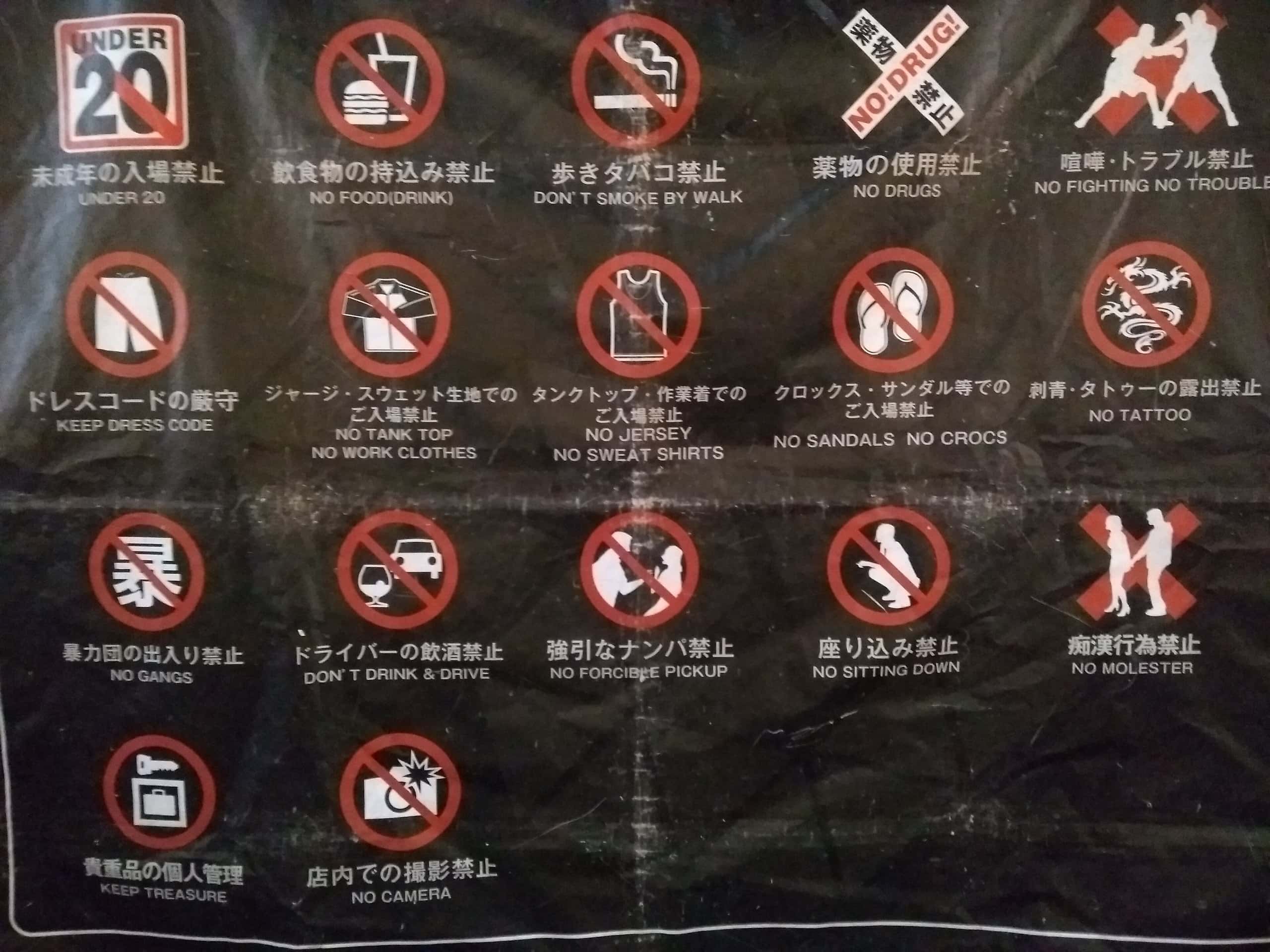 A grid of prohibition pictograms including one banning visible tattoos
